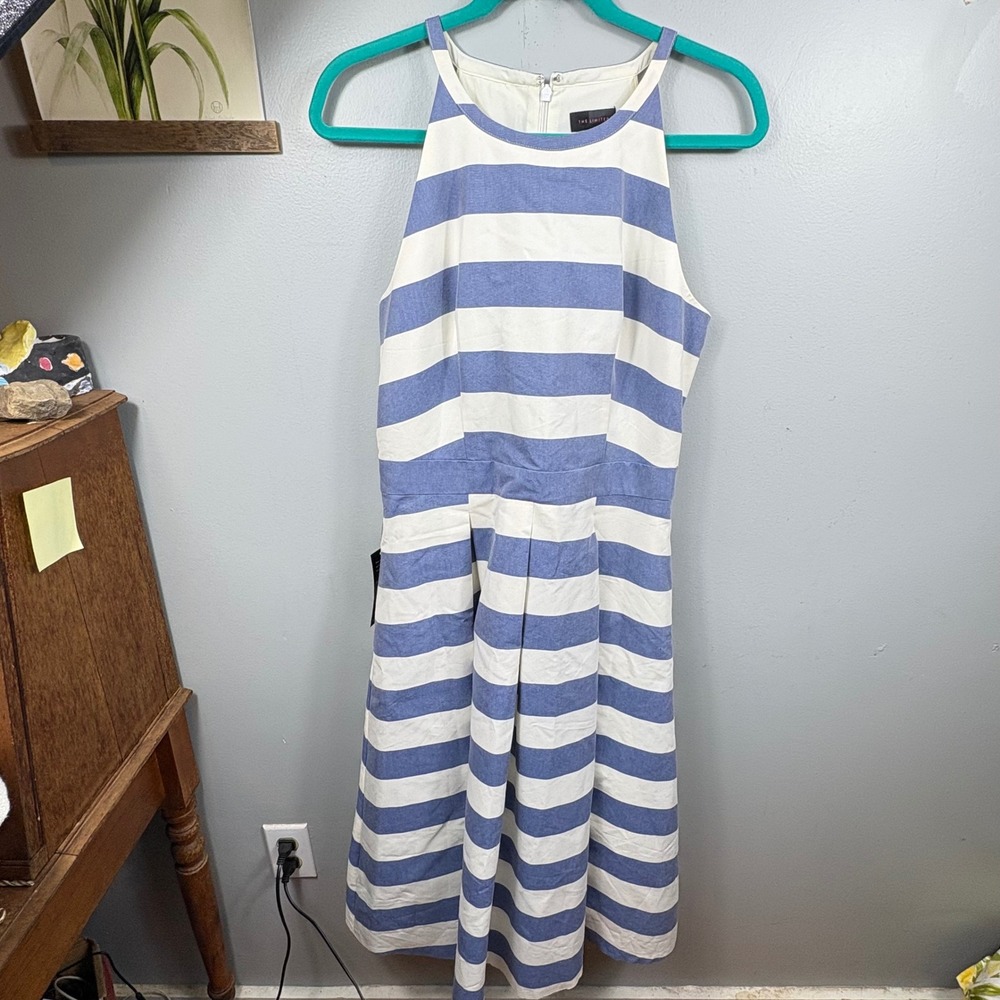 NWT Blue White Striped Fit Flare Midi Dress Pockets Nautical Women's 8